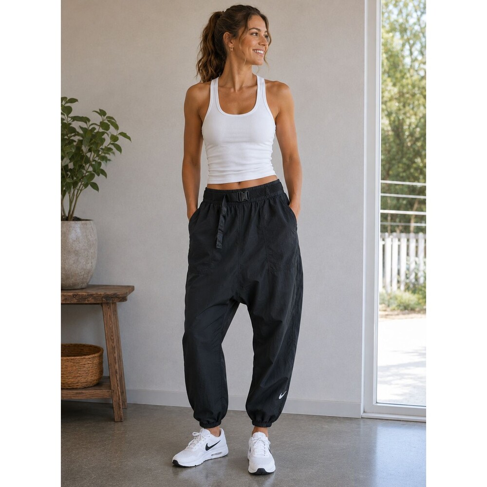 Nike Womens Belted Joggers Pants L Black Dance Gym Swoosh Swishy Harem